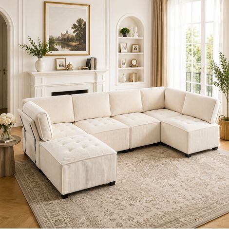 Divano modulare 6 posti in velluto a coste beige 308 x 154 x 82 cm OKWISH (1/5)