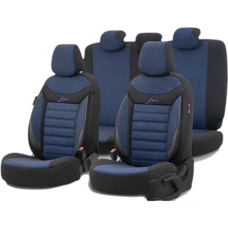 Komplettset luxuriöser Sitzbezüge OTOM, Textil mit Kunstleder, SPORT LINE‑Design – Schwarz mit blauer Naht, für Vorder- und Rück
