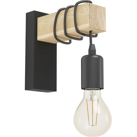 Applique flamme vintage, design industriel, lampe vintage en acier et bois, noir et marron, douille E27 (1/5)