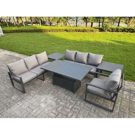Fimous Aluminium Garden Furniture Sets,7 Seater Outdoor Sofa Dining Set with Adjustable Rising Lifting Dining Table 2 Side Tables Cushions for Yard,Poolside, Patio, Dark Grey (1/5)