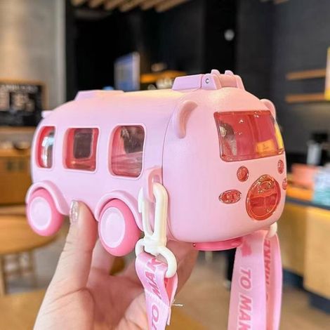 Bouteille d'eau portable en forme d'ours mignon pour enfants, sangle initiée, paille de voiture pour enfant, 500ml rose (1/4)