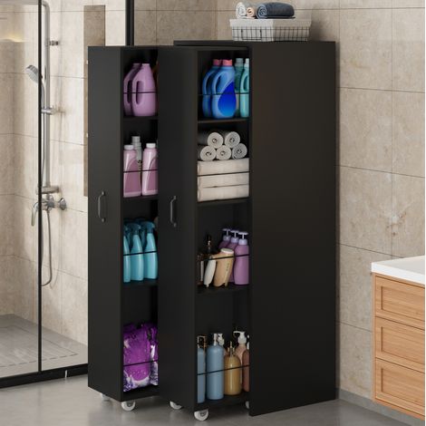 Libreria allungabile su rotelle, 51,5 x 41 x 158 cm, 4 ripiani, moduli reversibili, MDF nero, contenitore (1/5)