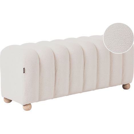 Bed Bench Off-White Boucle Teddy Upholstery Wooden Legs Pouffe Ottoman Modern Design Living Room Accessories IDYLLWILD