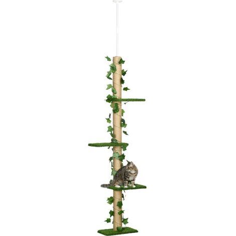 Arbre à chat poteau à griffer fixation plafond hauteur réglable 37 x 21 x 202- 242 cm 4 niveaux vert (1/5)