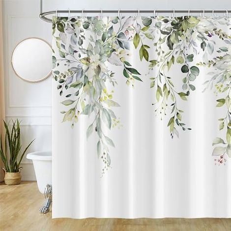 Rideau Douche Anti Moisissure, Rideau Douche 180x200cm Vert Sauge Feuilles d'eucalyptus Fleuri Blanc Aquarelle Rideaux de Baignoire Tissu Lavable Imperméable Rideaux de Bain avec 12 Crochets (1/4)