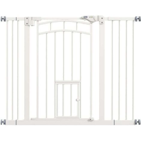 Barrière escalier sans fixation pour chiens avec passage chat, porte auto-fermante et double verrouillage, convient ouvertures 74-100 cm, blanc