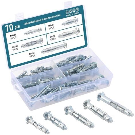 70Pcs Bolt Assortment Kit, Hollow Wall Anchors Perfect for Secure Drywall, Sheetrock and Paneling to Walls or Ceilings M4 x 38 mm, M5 x 37 mm, M5 x 52 mm, M6 x 52 mm, M6 x 65 mm