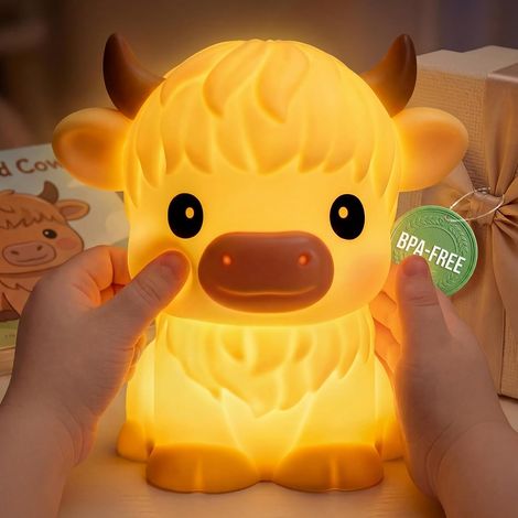 Highland Cow Veilleuse, Lampe Tactile en Silicone Doux et Dimmable, Cadeau Vache des Highlands pour Garçons et Filles avec Minuterie Auto-Extinction 30 min, Décoration Mignonne pour Chambre
