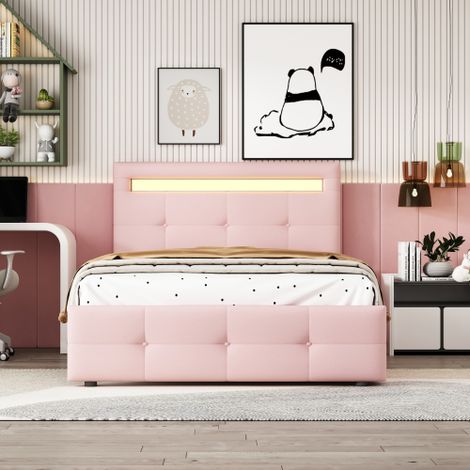 Lit capitonné (90 x 200 cm) avec éclairage LED et 2 tiroirs, revêtement en lin doux pour la peau convient comme lit une place, lit pour enfant, adolescent ou chambre d'amis (Rose) (1/5)