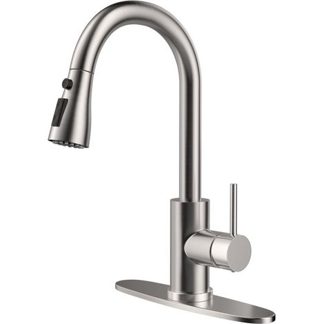 Robinet cuisine pro avec douchette extractible, poignée unique col cygne, acier inoxydable 304 nickel brossé, montage sur plan, idéal pour bar, buanderie, camping-car, évier ferme (1/5)