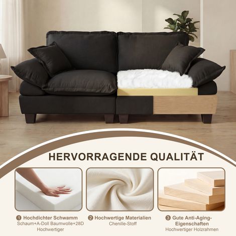Canapé modulaire 3 places en chenille noire, loveseat avec accoudoirs incurvés, canapé d'angle confortable pour petits espaces et studios, tissu doux, design élégant. (1/5)