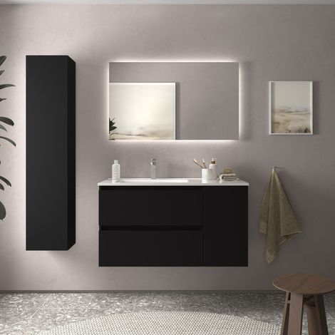 Meuble de salle de bain BEQUIA Plus 100cm Noir mat Vasque Porcelaine Robinet à gauche (1/5)