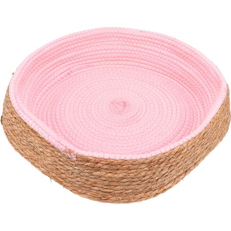 Panier rond en rotin tressé pour chat, lit à griffer pour animaux de compagnie, rose (1/5)