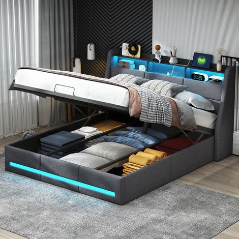 Bett mit Bettkasten 140x200 cm mit Lattenrost und Stauraum, Erwachsenebett mit integrierter LED, Kopfteil mit Stauraum, Grau