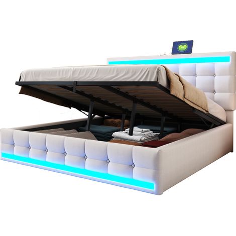 Lit double 180x200 en tissu beige avec LED RGB, tête de lit réglable, ports USB, cadre robuste et ambiance personnalisée pour chambre moderne  CHICFURN (1/5)