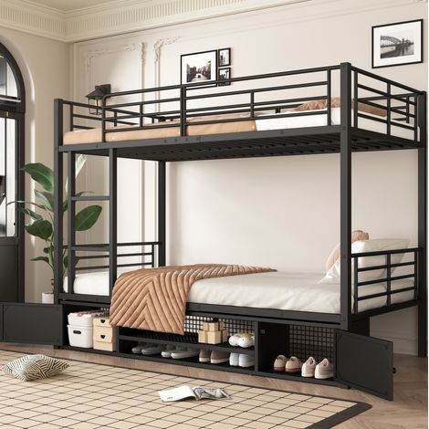 MEUBLIV Lit superposé en métal noir 90 x 200 cm avec échelle à trois marches garde corps sur quatre côtés rangement chaussures intégré pour enfants et adolescents (1/5)