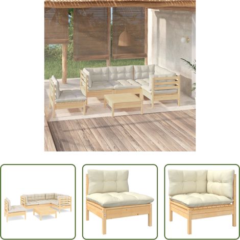 Holzsofa - 6-tlg. Garten-Lounge-Set mit Creme Kissen Kiefernholz (1/5)