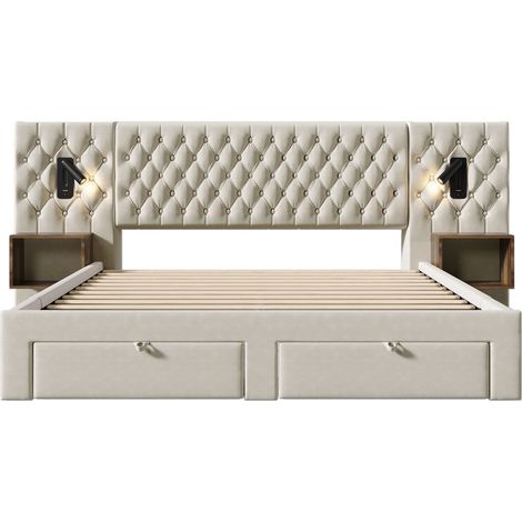 Doppelbett 180x200 cm aus beigem Samt mit 2 Nachttischen, 4 Schubladen, Lampen und USB-C (1/5)
