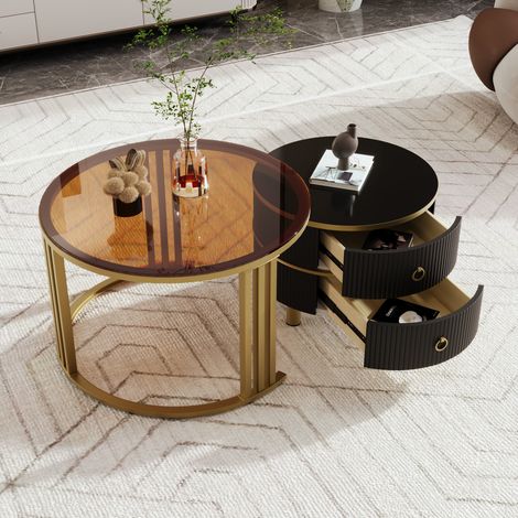Table basse 2-en-1 en MDF, table d'appoint avec plateau laqué brillant et plateau en verre trempé marron, ensemble de salon avec 2 tiroirs, 70x70x45 + 50x50x40 cm (1/5)