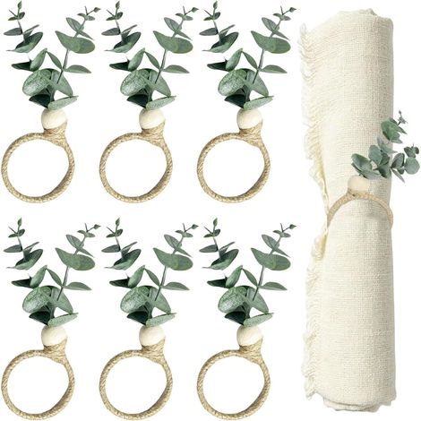 Rond de Serviette de Table, Rond de Serviette Bois, Lot de 6 Anneaux en Forme de Feuilles d'Eucalyptus, Décoration Artisanale pour Mariage et Dîner de Noël, Accessoire de Cuisine Élégant (1/5)