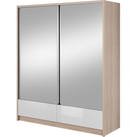 ARIA II Kleiderschrank 184 cm 2 schiebetüren spiegel sonoma eiche / weiß glänzend