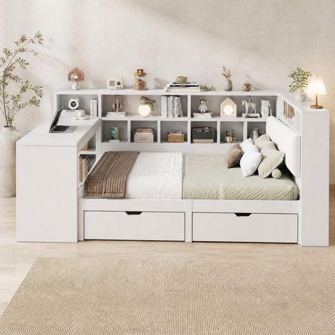 Lit 140x200 cm MDF blanc avec bureau, LED et rangement, pour studio, sans matelas â MEUBLIV (1/5)