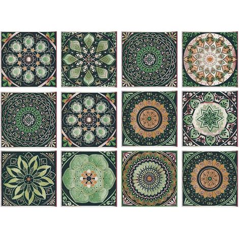 Adesivi per piastrelle verdi resistenti agli schizzi, 15 cm x 15 cm, con motivo mandala, per decorare cucine e bagni (24 pezzi).