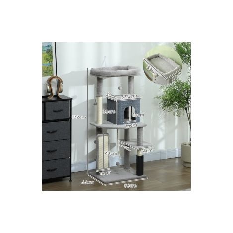 Arbre à chat gris clair 132 cm avec poteaux à griffer, niche, couchage, plateformes et brosse pour salon, chambre et maison (1/5)
