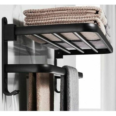 Bathroom Towel Rack. Folding Storage Shelf. Aluminum Space. Wall-Mounted Bathroom Towel Rack (40cm, Black) (1/4)