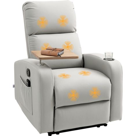 HOMCOM sillón de masaje con 4 modos de vibración reclinación 145° tapizado en microfibra mando mesita 2 bolsillos laterales posavasos 77x93x105cm gris (1/5)