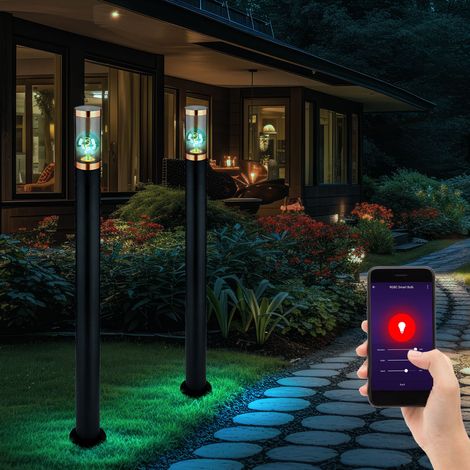 Lampadaire LED, borne lumineuse, éclairage de chemin, dimmable, lampes de jardin, noir, contrôle par application, cuivre en acier inoxydable, 10W 806Lm, DxH 12,7x110cm, lot de 2 (1/5)