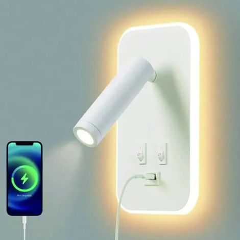Applique murale LED minimaliste (blanc chaud), double interrupteur, chargement USB, rotation à 330° (1/5)