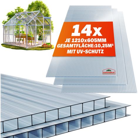 GARDEBRUK® 14x Doppelstegplatten 4mm Zuschneidbar 121x60,5cm Polycarbonat 10,3m² UV-beständig Klar Hohlkammerplatten Gewächshaus Platten Stegplatten (1/5)