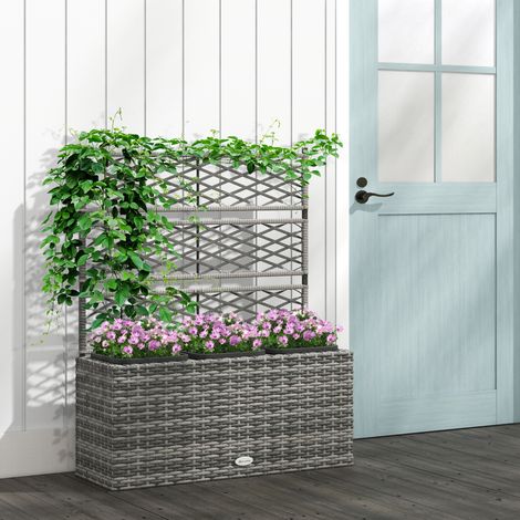 Déco Jardinière pour plantes avec treillis 3 bacs à plante 33L en résine tressée et acier 84L x 30L x 107H cm