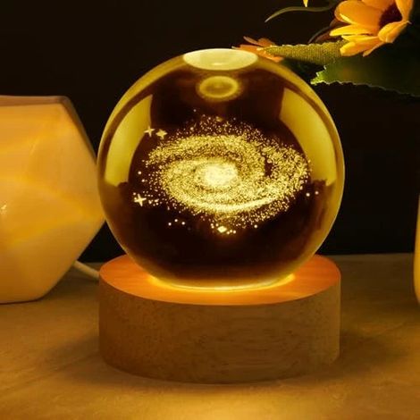 Veilleuse boule de cristal galaxie 3D Vicloon, socle en bois, planètes 3D, boule de cristal spatiale, LED [YJD] lumière chaude (1/5)