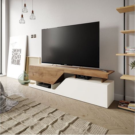 Mobilier1 – Meuble TV blanc et chêne wotan 160x47x35cm – 2 portes – Panneau stratifié 16mm – Système 'Push to Open' pour accès facile