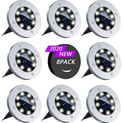 Lot de 8 lampes solaires d'extérieur étanches à 8 LED (blanc froid), à encastrer au sol, pour allée. (1/5)