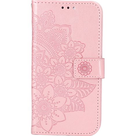 Étui portefeuille pour iPhone 13, en cuir PU rose doré, avec emplacement pour carte et support, motif floral en relief.