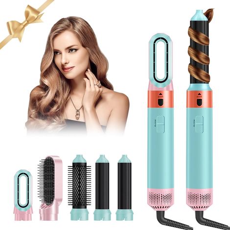 Multi-Use 1-Step Styler, Air Brush 5 Set with Hair Dryer, Rotary Blower Brush for Hair, Ceramic Technology Blower, Dry, Curl, Smoothing (Blue) (1/5)