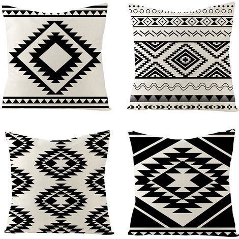 Lot de 4 housses de coussin en lin, noir/blanc, 45x45 cm – DELKEVIC
