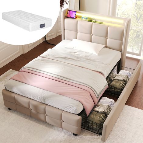 Lit rembourré USB LED tiroirs 90x200cm avec matelas beige