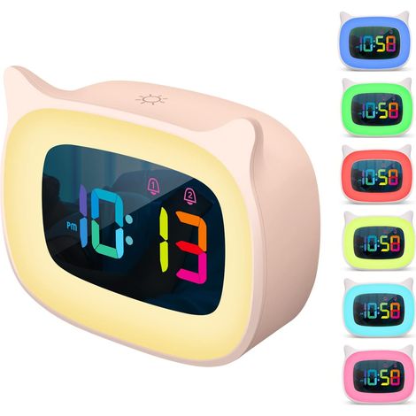 Niedlicher Wecker mit Katzenohren, mit 7 Farben RGB-Nachtlicht und 18 Klingeltönen, wiederaufladbare Uhr für Kinderzimmer, buntes LED-Digitaldisplay, Nachttischuhr für Jungen, Geburtstagsgeschenk für (1/5)
