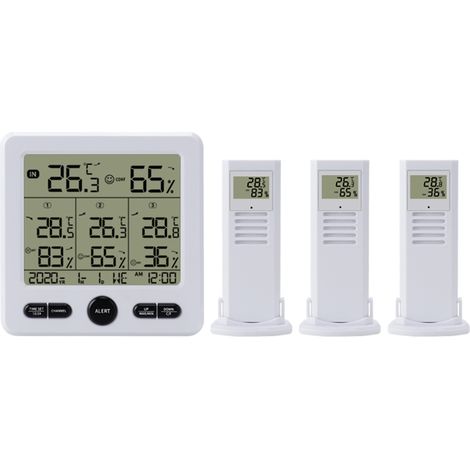 Termohigrómetro digital inalámbrico para interiores y exteriores, 3 sensores remotos, retroiluminación, alcance de 30 m, monitor de temperatura y humedad.