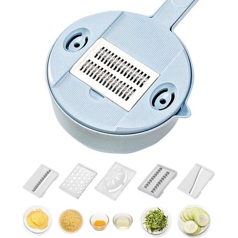Mandolina para verduras 13 en 1, cortador de verduras manual, con 4 cuchillas intercambiables, separador de yemas, colador y picador de verduras (azul)