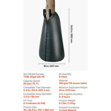VEVOR 75.7 L Tree Watering Bags, 8 Pack 3-4 Hours Slow Release Gator Bags for Trees, Heavy Duty PE Tree Drip Irrigation Bag with Zipper, Durable & Reusable Deep Root Shrub Watering Bag (1/4)