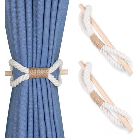 Lot de deux attaches de rideaux bohèmes faites à la main avec tiges en bois - Cordon en coton beige - Attaches de rideaux (Cordon en coton beige) (1/5)