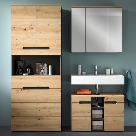 Badmöbel-Set 3-teilig mit 80 cm Waschbeckenunterschrank, Hochschrank & Spiegelschrank in Eiche mit grau CORTANA-158 (1/5)