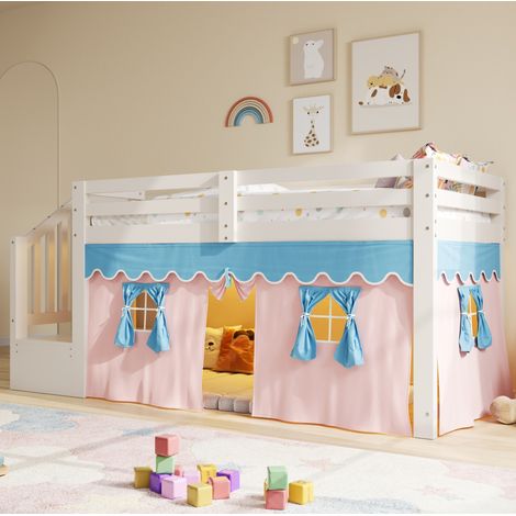 Lit mi-hauteur 90/200 cm blanc en pin et MDF avec rideaux occultants et LED (1/5)