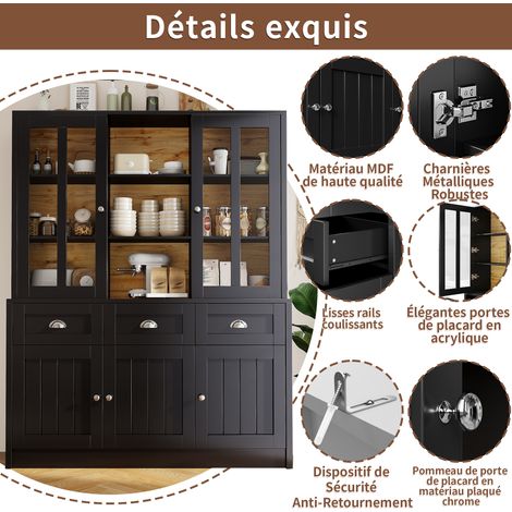Armoire vitrine haute noire en MDF avec porte acrylique, tiroirs et étagères réglables pour cuisine, salon et salle à manger (1/5)