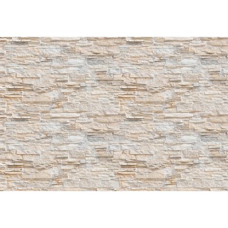 Papier peint panoramique mur de pierre trompe l'oeil | Tapisserie panoramique imitation brique beige | Papier peint panoramique 3D salon - 384 X 260 cm (8 pièces) (1/2)